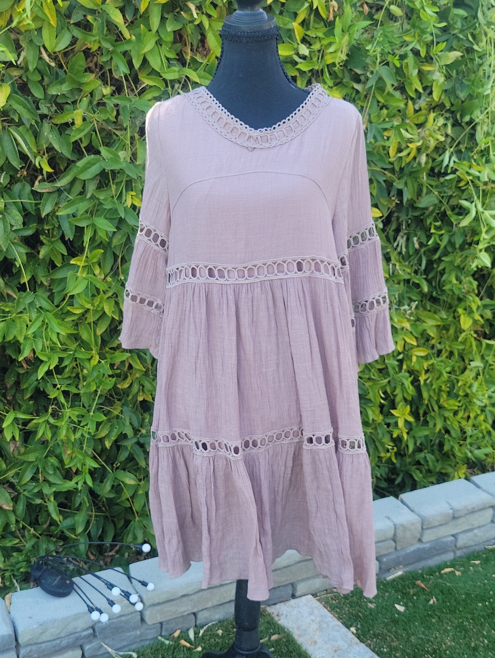 Dusty Pink Mauve Lace-Trim Tiered Flowy Boho Babydoll Dress L